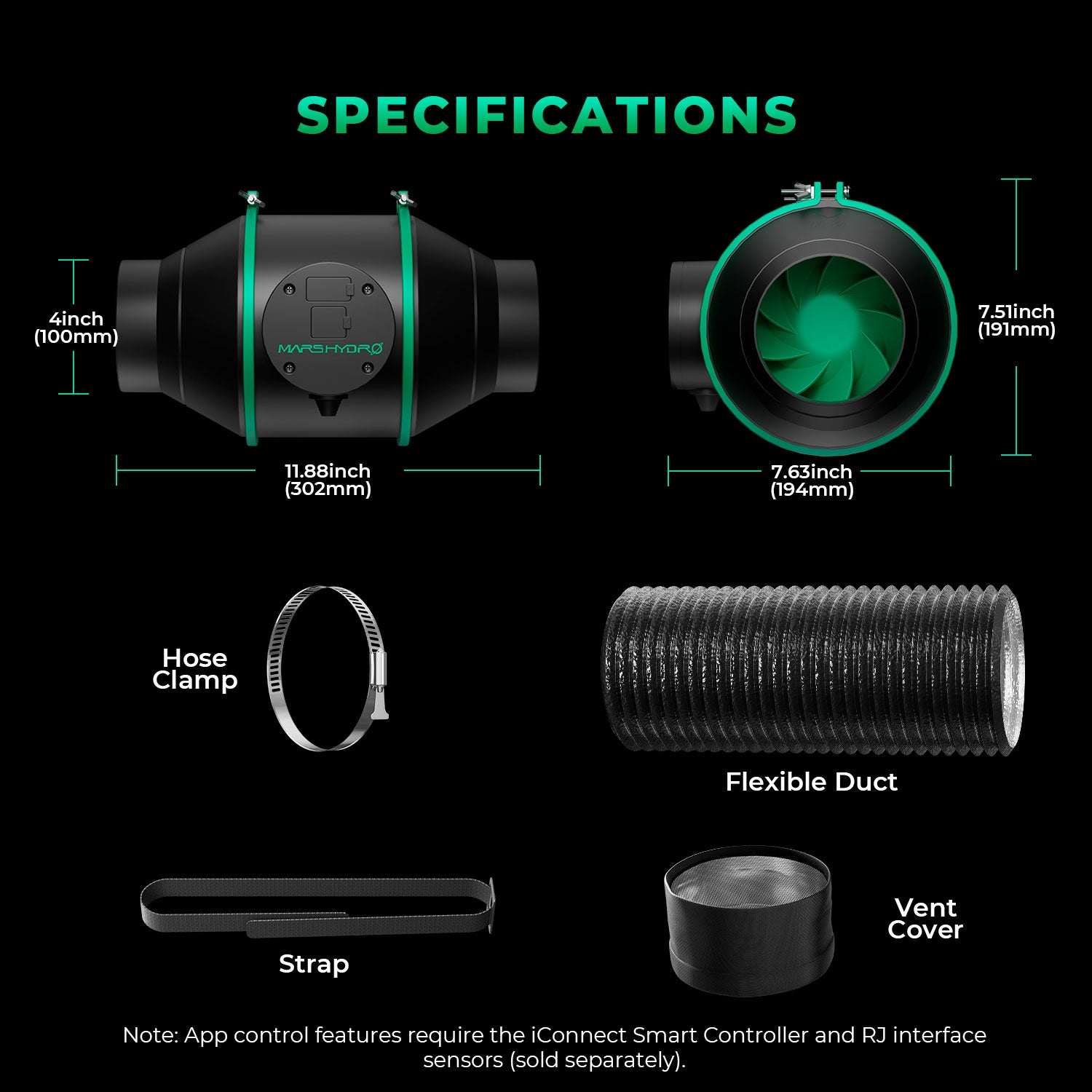 Mars Hydro ifresh - Ventilateur de conduit en ligne intelligent de 4 pouces et ventilation combinée avec filtre à charbon pour tente de culture