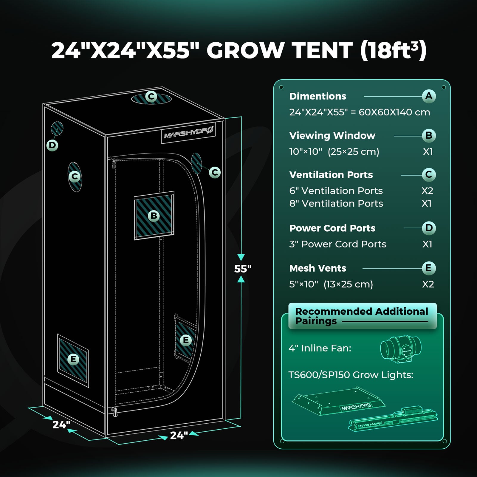 2'x2'x4.5' Indoor Grow Tent 24''x24''x55'' Green Dark Box Room Hydroponics  Mylar Non Toxic