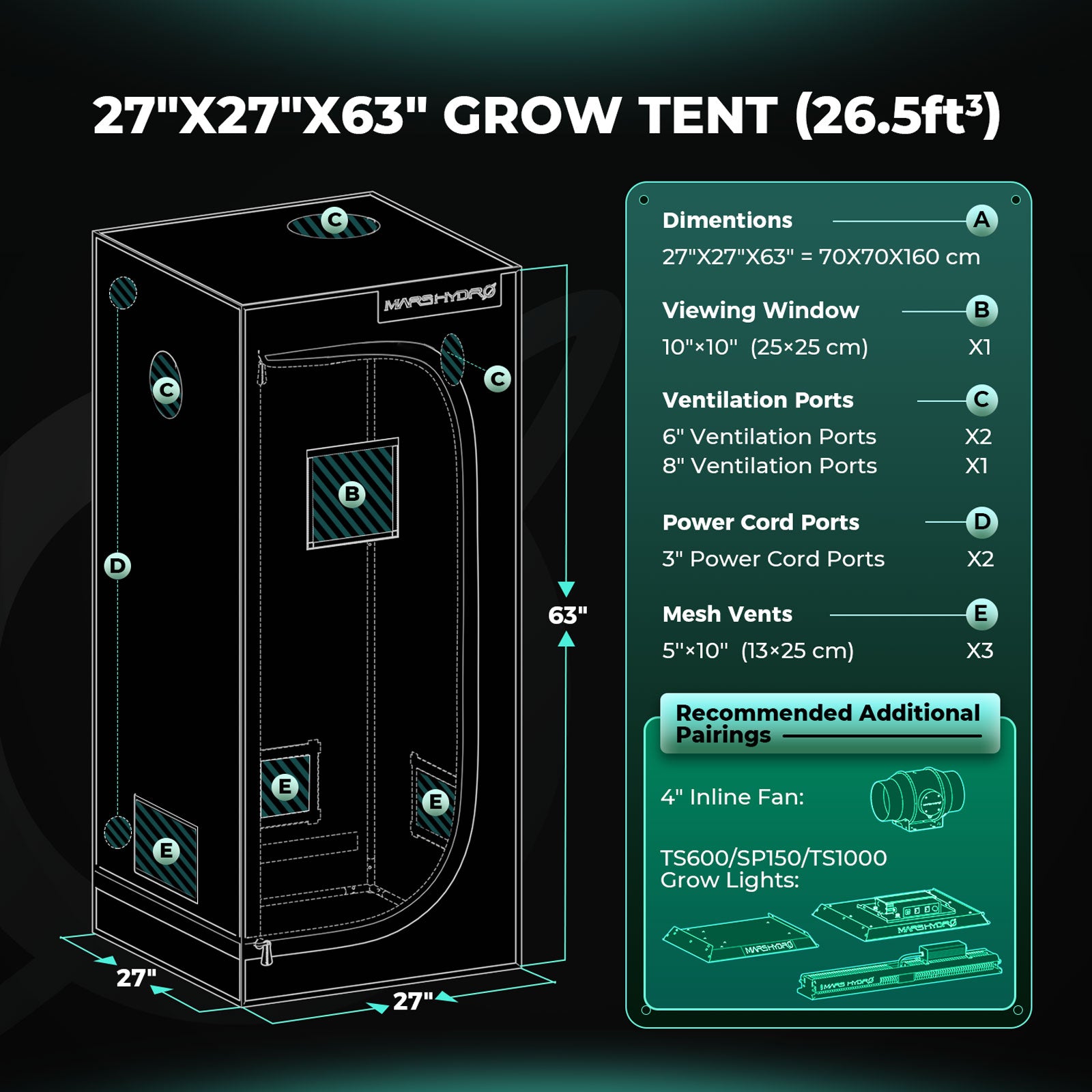 2.3'x2.3'x5.2' Indoor Grow Tent 27''×27''×63'' Mylar Dark Room Hydroponics Bud Veg Flower Plant