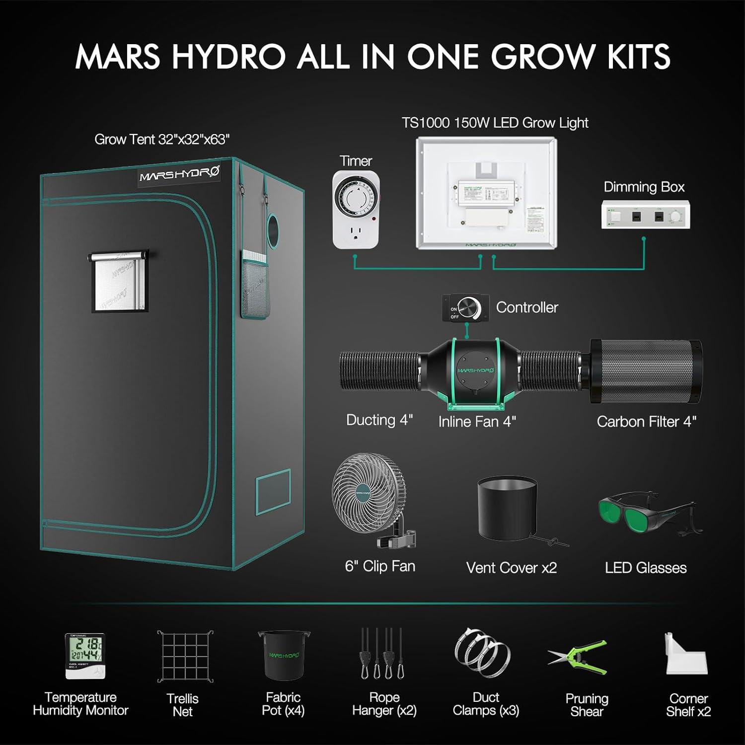 Mars Hydro TS 1000 Complete grow tent kits Led Grow Light + 80x80x160cm Indoor Tent Carbon Filter Fan