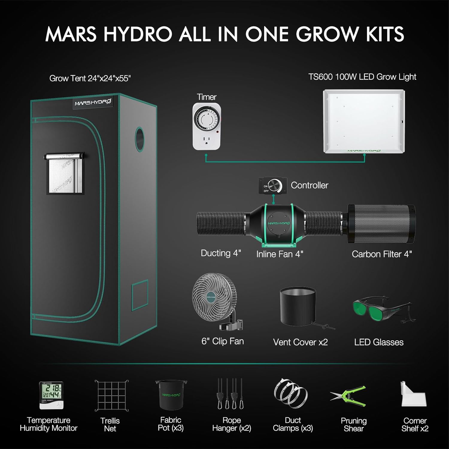 Mars Hydro TS 600 LED Grow Light Full Grow Kits+60x60x140cm Tent+4"Fan Carbon Filter IR