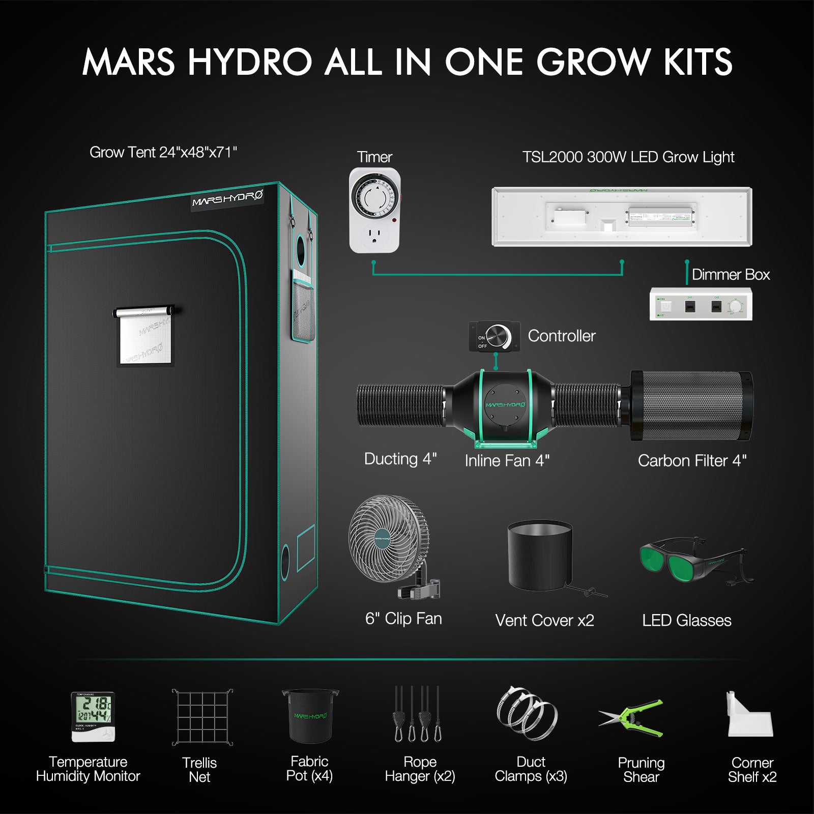 【Limited Time Offer】Mars Hydro TSL 2000 300W Led Grow Light + 4'x2'x6.5'  Full Grow Tent Kits