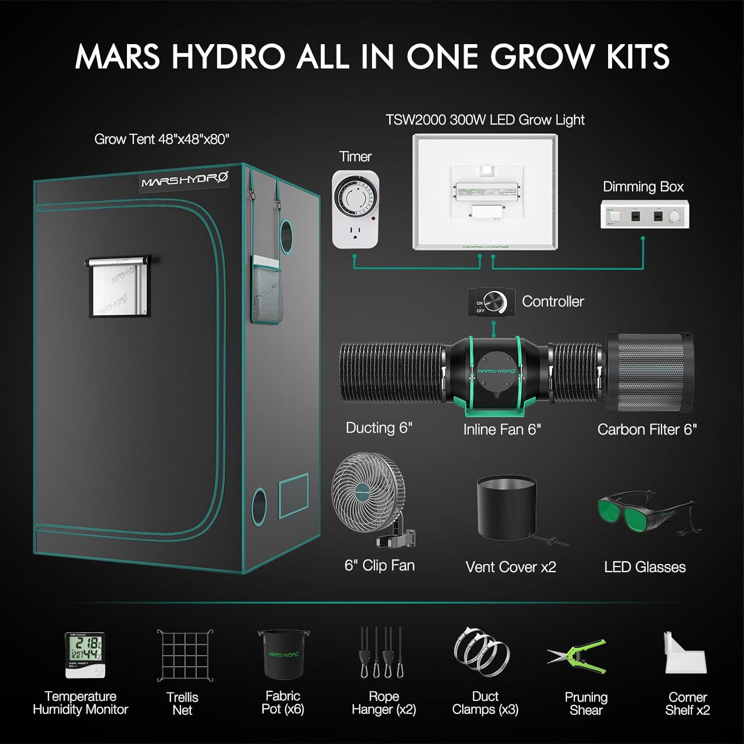 Mars Hydro TSW2000 300W Led Grow Light+120x120x200cm Indoor Tent Full Grow Kits Veg Flower