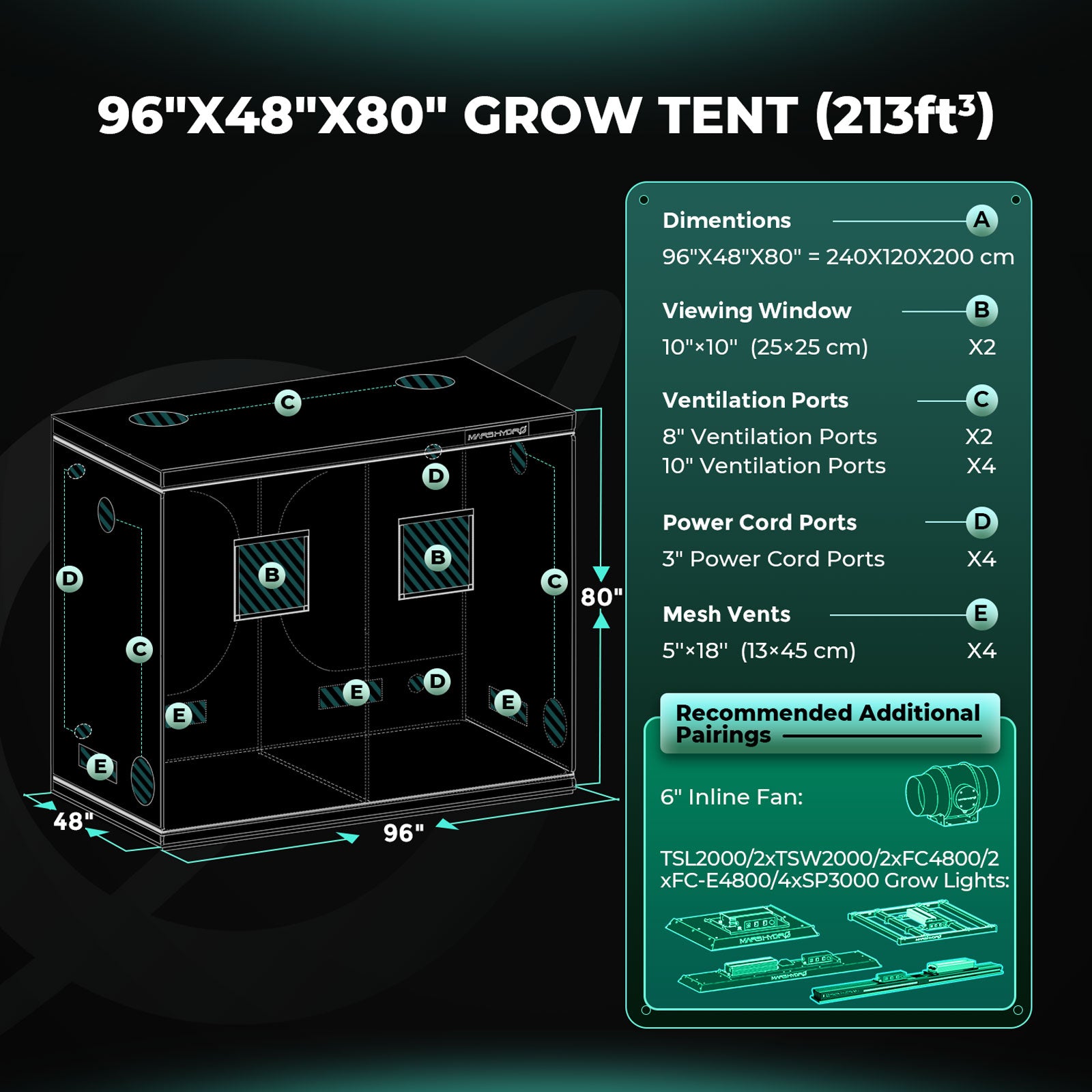 8'x4'x6.5' Indoor Grow Tent 96''x48''x80'' Kit Dark Room Hydroponic 1680D Mylar Non Toxic Box