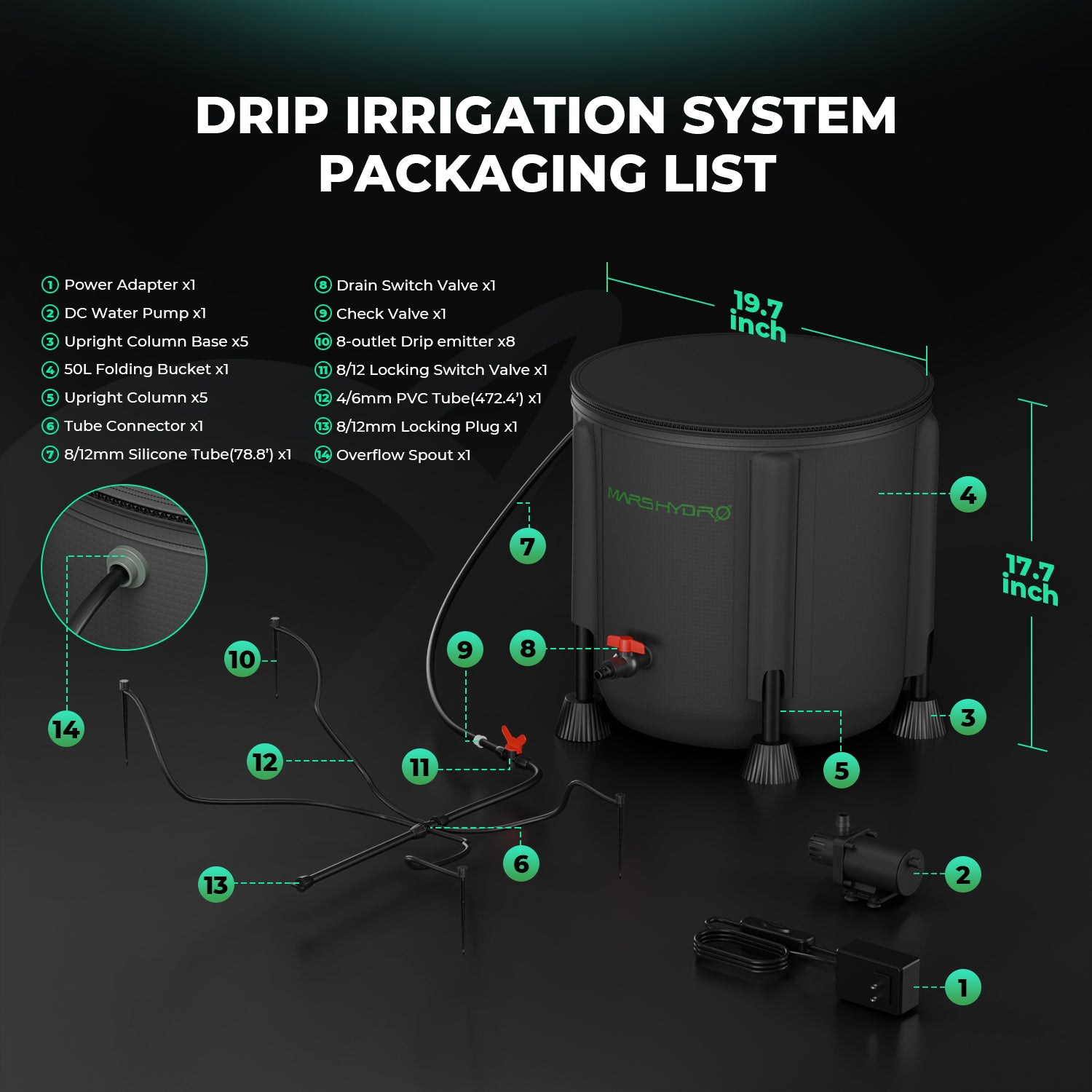 Kit d'irrigation goutte à goutte Mars Hydro, système d'arrosage avec seau de 5 gallons