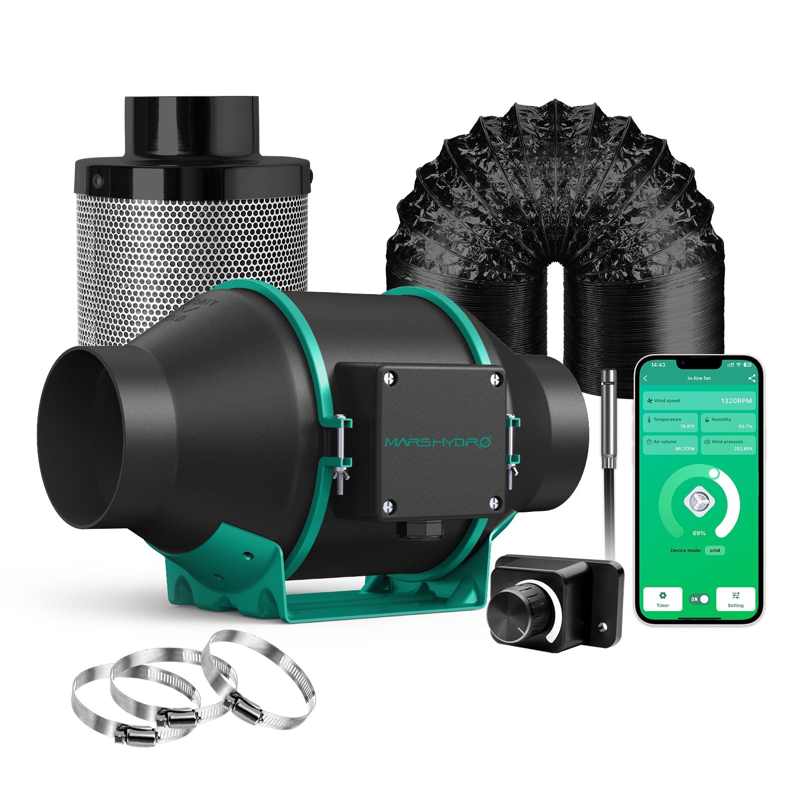 Mars Hydro ifresh - 6 inch smart Inline Duct Fan and Carbon Filter Combo ventilation for grow tent