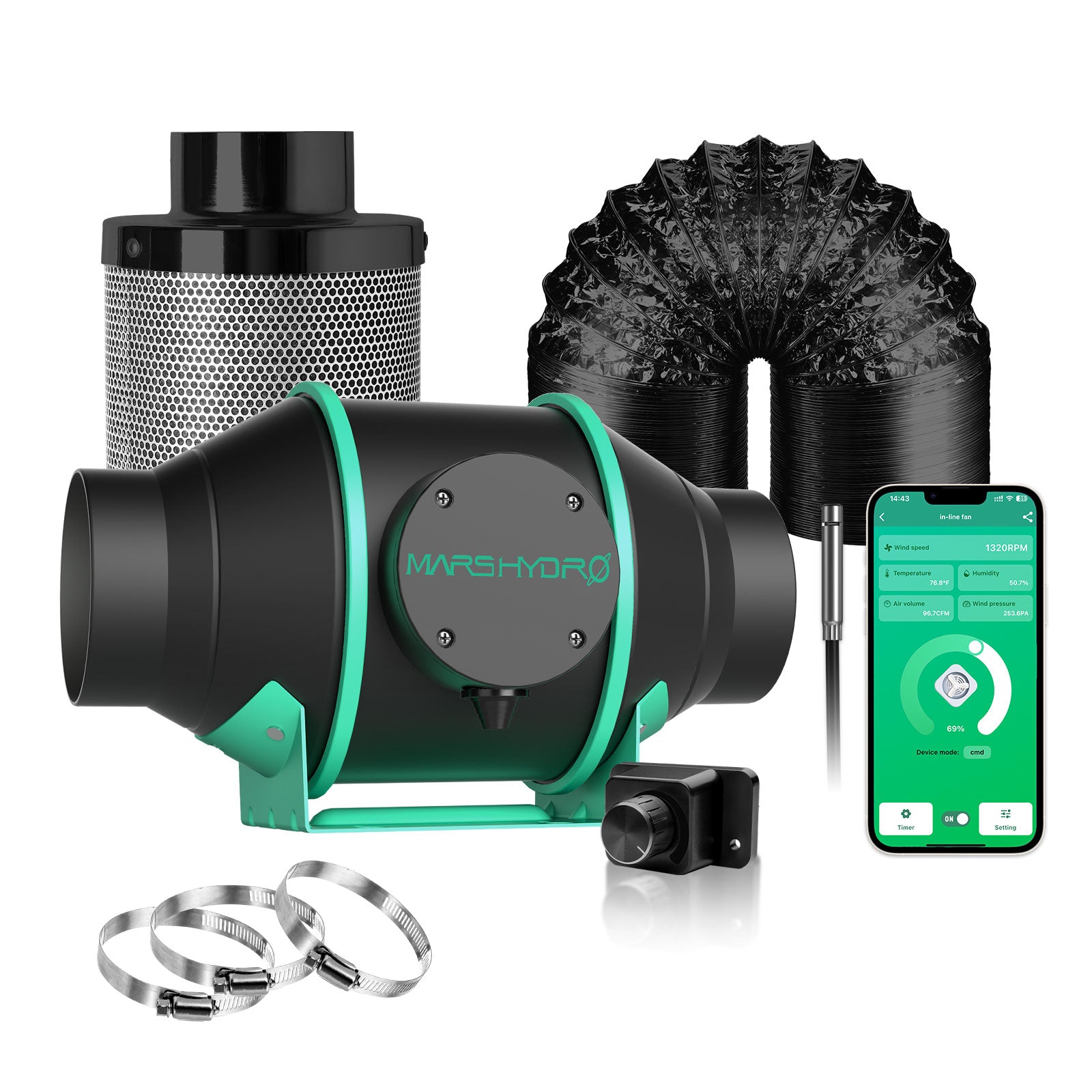 Mars Hydro iFresh Smart Inline Duct Fan and Carbon Filter Combo ventilation for grow tent
