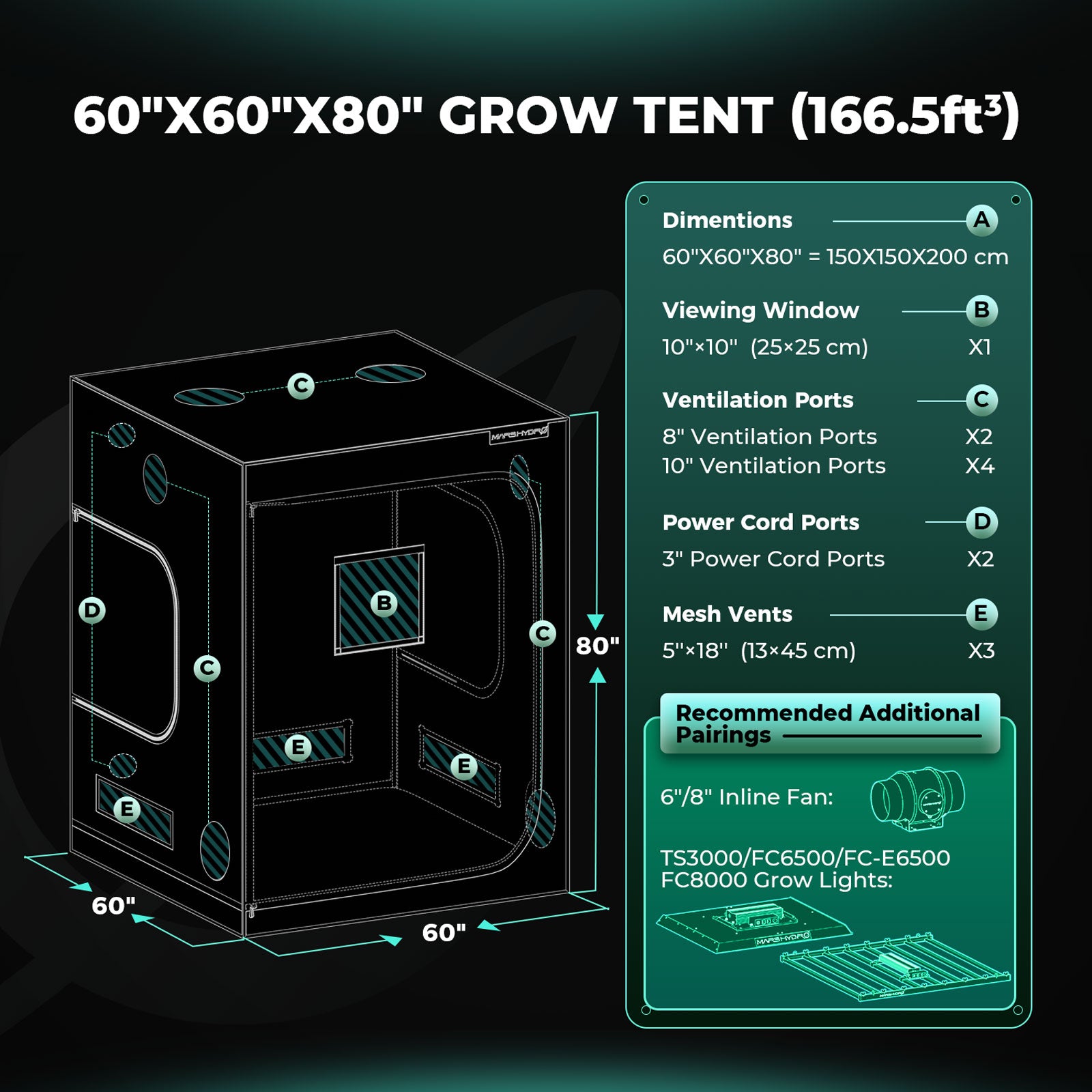 5'X5'X6.5'(150x150x200cm) Portable Grow Tent Silver Mylar Hydroponic Dark Green Room