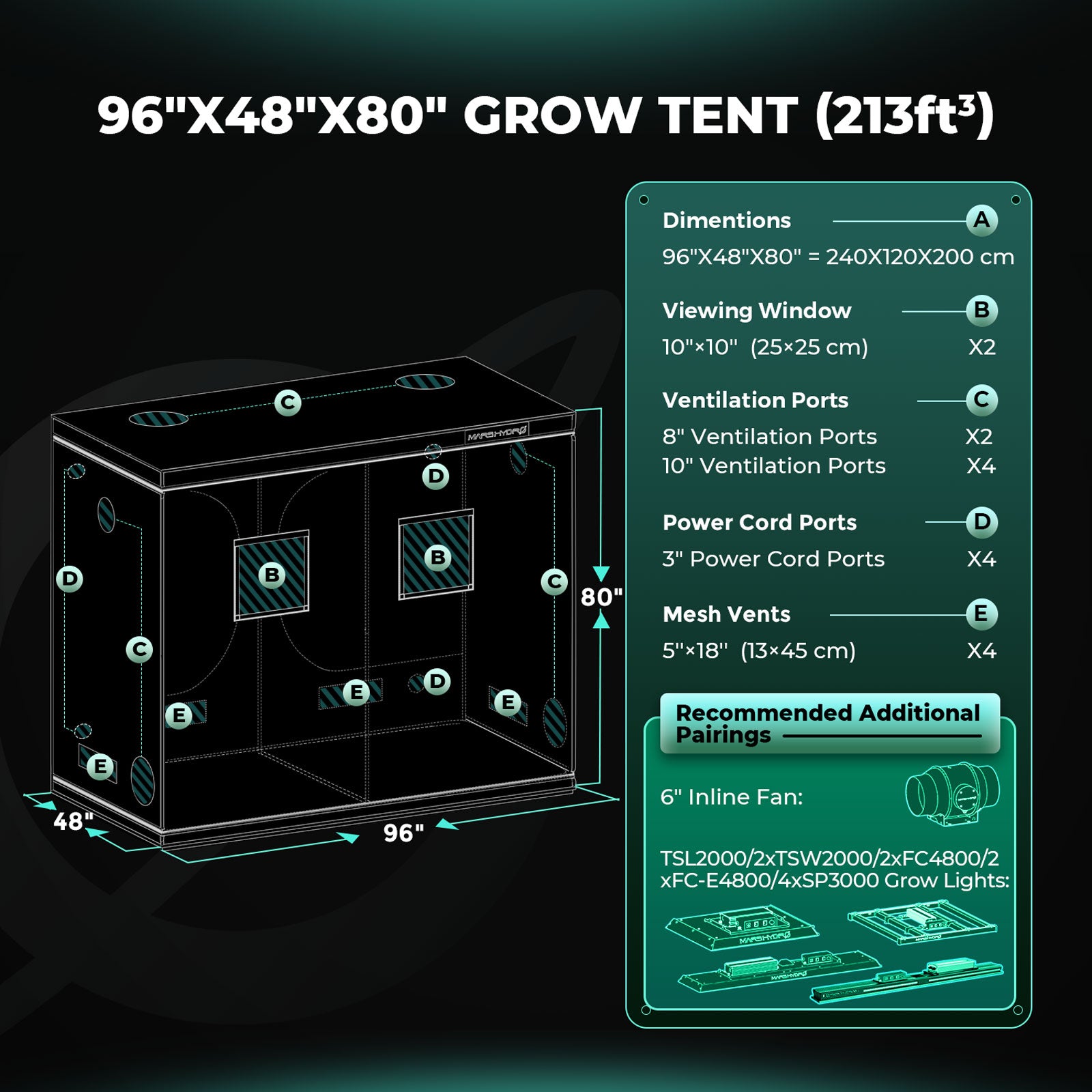8'x4'x6.5'(240x120x200cm) Indoor Grow Tent Kit Dark Room Hydroponic 1680D Mylar Non Toxic Box