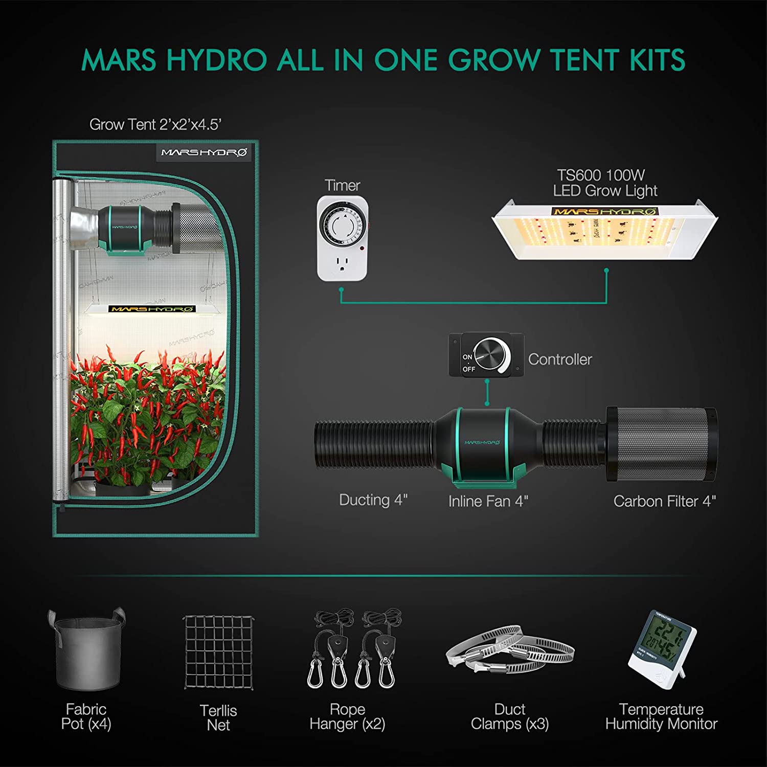 Mars Hydro TS 600 LED Kits de culture complets + tente 60x60x140 cm + ventilateur filtre à charbon IR 